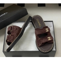 Best Price Chanel Suede Flat Slides Sandal with Strass, Chain and Strap CH030610 Dark Brown 2026