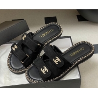 Good Quality Chanel Suede Flat Slides Sandal with Strass, Chain and Strap CH030610 Black 2026
