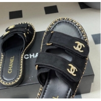 Good Quality Chanel Suede Flat Slides Sandal with Strass, Chain and Strap CH030610 Black 2026
