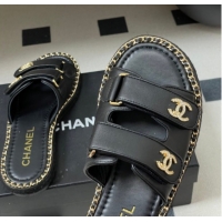 Good Product Chanel Lambskin Leather Flat Slides Sandal with Strass, Chain and Strap CH030610 Black 2026