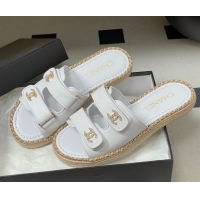 Pretty Style Chanel Lambskin Leather Flat Slides Sandal with Strass, Chain and Strap CH030610 White 2026