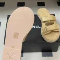 Good Quality Chanel Lambskin Leather Flat Slides Sandal with Strass, Chain and Strap CH030610 Beige 2026
