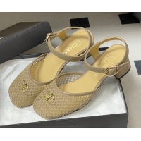Shop Duplicate Chanel Mesh & Lambskin Leather Heel Sandals 4.5cm CH030612 Beige 2026