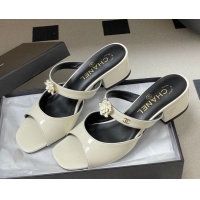 Most Popular Chanel Patent Calfskin Leather Heel Slides Sandal 4.5cm with Camellia CH030613 White 2026