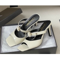 Purchase Chanel Patent Calfskin Leather Heel Slides Sandal 7.5cm with Camellia CH030613 White 2026