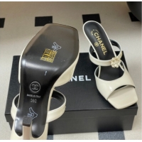 Purchase Chanel Patent Calfskin Leather Heel Slides Sandal 7.5cm with Camellia CH030613 White 2026