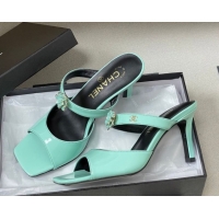Charming Chanel Patent Calfskin Leather Heel Slides Sandal 7.5cm with Camellia CH030613 Green 2026