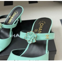 Charming Chanel Patent Calfskin Leather Heel Slides Sandal 7.5cm with Camellia CH030613 Green 2026