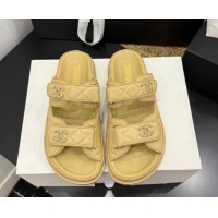 Duplicate Chanel Lambskin Leather Strap Flat Slides Sandal with Chain CC CH030614 Beige 2026
