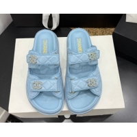Good Product Chanel Lambskin Leather Strap Flat Slides Sandal with Chain CC CH030614 Light Blue 2026
