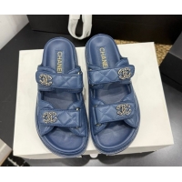 Low Cost Chanel Lambskin Leather Strap Flat Slides Sandal with Chain CC CH030614 Dark Blue 2026