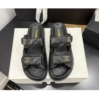 Low Price Chanel Lambskin Leather Strap Flat Slides Sandal with Chain CC CH030614 Black 2026