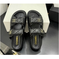 Low Price Chanel Lambskin Leather Strap Flat Slides Sandal with Chain CC CH030614 Black 2026