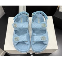 Buy Luxury Chanel Lambskin Leather Strap Flat Slides Sandal with Chain CC CH030614 Light Blue 2026