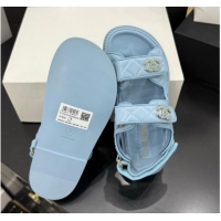 Buy Luxury Chanel Lambskin Leather Strap Flat Slides Sandal with Chain CC CH030614 Light Blue 2026
