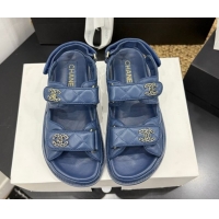 Top Grade Chanel Lambskin Leather Strap Flat Sandals with Chain CC CH030614 Dark Blue 2026