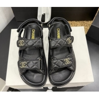 Top Design Chanel Lambskin Leather Strap Flat Sandals with Chain CC CH030614 Black 2026