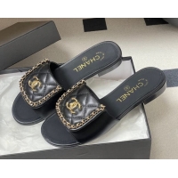 Unique Style Chanel Lambskin Leather Flat Slides Sandal with Chain with Foldover G45474 Black 2026