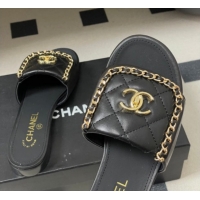 Unique Style Chanel Lambskin Leather Flat Slides Sandal with Chain with Foldover G45474 Black 2026