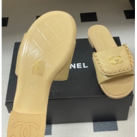 Most Popular Chanel Lambskin Leather Flat Slides Sandal with Chain with Foldover G45474 Beige 2026