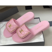 Classic Hot Chanel Lambskin Leather Flat Slides Sandal with Chain with Foldover G45474 Pink 2026