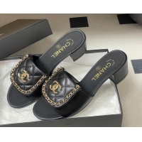 Good Quality Chanel Lambskin Leather Heel Slides Sandal 5cm with Chain and Foldover G45474 Black 2026