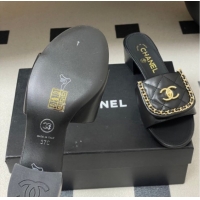 Good Quality Chanel Lambskin Leather Heel Slides Sandal 5cm with Chain and Foldover G45474 Black 2026