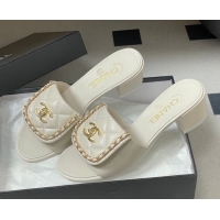 Durable Chanel Lambskin Leather Heel Slides Sandal 5cm with Chain and Foldover G45474 White 2026