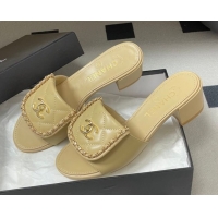 Grade Quality Chanel Lambskin Leather Heel Slides Sandal 5cm with Chain and Foldover G45474 Beige 2026