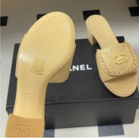 Grade Quality Chanel Lambskin Leather Heel Slides Sandal 5cm with Chain and Foldover G45474 Beige 2026