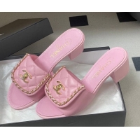 Good Quality Chanel Lambskin Leather Heel Slides Sandal 5cm with Chain and Foldover G45474 Pink 2026