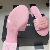 Good Quality Chanel Lambskin Leather Heel Slides Sandal 5cm with Chain and Foldover G45474 Pink 2026