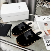 Promotional Celine Pitea Clog Flat Mules in Suede and Wool with Studs 124055 Black