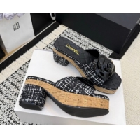 Unique Style Chanel Tweed Heel Slides Sandal with Camellia CH030616 Black/White 2026