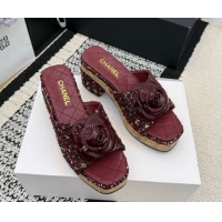 Good Quality Chanel Tweed Heel Slides Sandal with Camellia CH030616 Burgundy 2026