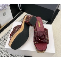 Good Quality Chanel Tweed Heel Slides Sandal with Camellia CH030616 Burgundy 2026