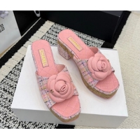 Best Product Chanel Tweed Heel Slides Sandal with Camellia CH030616 Pink 2026