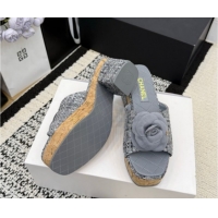 Discount Chanel Tweed Heel Slides Sandal with Camellia CH030616 Grey 2026