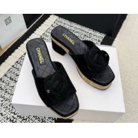Top Grade Chanel Suede Heel Slides Sandal with Camellia CH030616 Black 2026