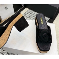 Top Grade Chanel Suede Heel Slides Sandal with Camellia CH030616 Black 2026