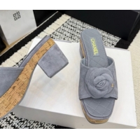 Pretty Style Chanel Suede Heel Slides Sandal with Camellia CH030616 Grey 2026