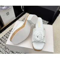 Grade Quality Chanel Calfskin Leather Heel Slides Sandal with Camellia CH030616 White 2026
