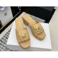 Low Cost Chanel Calfskin Leather Heel Slides Sandal with Camellia CH030616 Beige 2026
