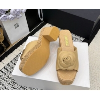 Low Cost Chanel Calfskin Leather Heel Slides Sandal with Camellia CH030616 Beige 2026