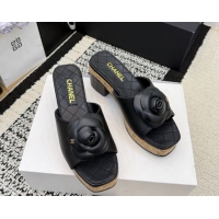 Most Popular Chanel Calfskin Leather Heel Slides Sandal with Camellia CH030616 Black 2026