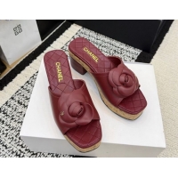 Best Price Chanel Calfskin Leather Heel Slides Sandal with Camellia CH030616 Burgundy 2026
