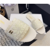 Top Design Chanel Bloom Straw-Like Flat Slides Sandal CH030701 White 2026