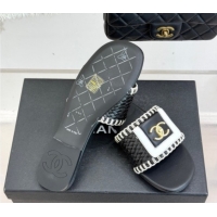 Good Product Chanel Straw-Like Flat Slides Sandal with CC Foldover CH030702 Black 2026