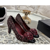 Top Design Chanel Tweed & Patent Leather Pumps 8.5cm with Camellia Bloom CH030704 Burgundy 2026