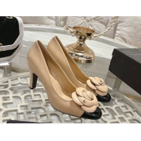 Most Popular Chanel Lambskin & Patent Leather Pumps 8.5cm with Camellia Bloom CH030704 Beige 2026